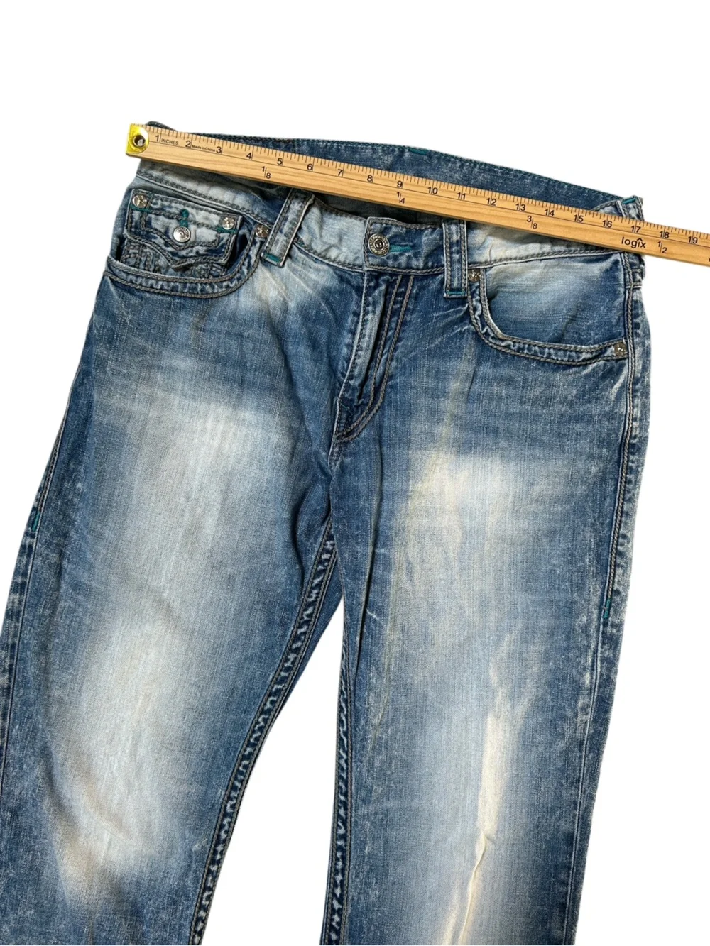 True Religion Straight Flap Chainstitch Acid Wash Jeans Y2K Size 34
